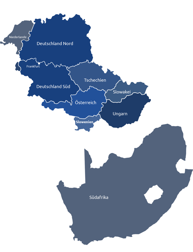 Blaue Landkarte mit den Ausschnitten der verschiedenen Gebiete von dem Unternehmen PHT Group