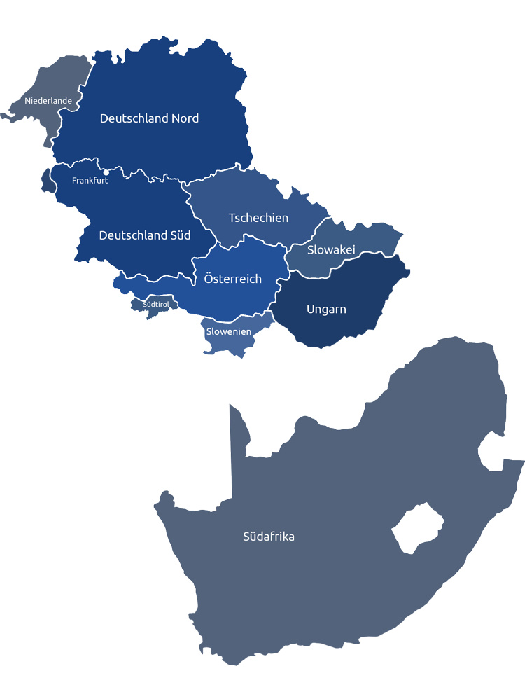 Blaue Landkarte mit den Ausschnitten der verschiedenen Gebiete von dem Unternehmen PHT Group.