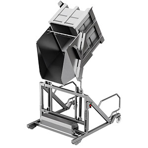 Swingloader-1000 aus Edelstahl mit Behälter für sichere und ergonomische Beförderung in der Lebensmittelindustrie.