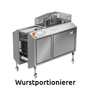 Maschine aus Edelstahl zur hygienischen Portionierung von Wurst im Lebensmittelbetrieb.
