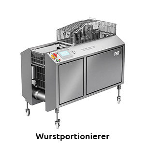 Maschine aus Edelstahl zur hygienischen Portionierung von Wurst im Lebensmittelbetrieb.