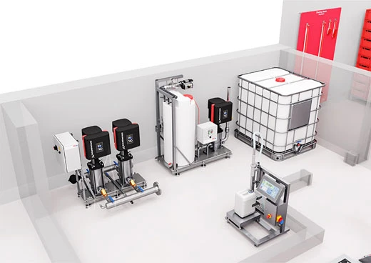 Pressure booster system and dosing system for low-pressure foam cleaning.