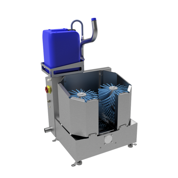 Edelstahl-Anlage mit blauen Bürsten zur Reinigung von Stiefel und Schäften