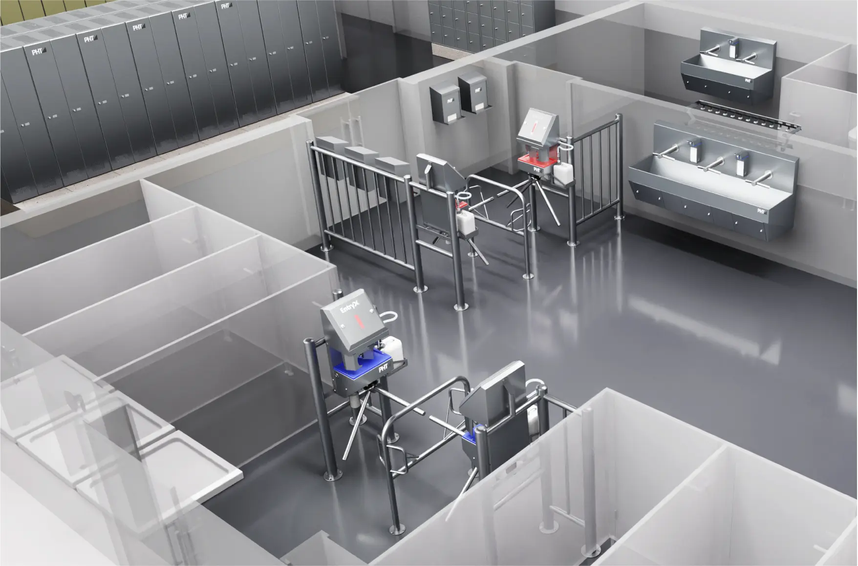 Hygienebereich mit Eingangskontrollen und Waschbecken